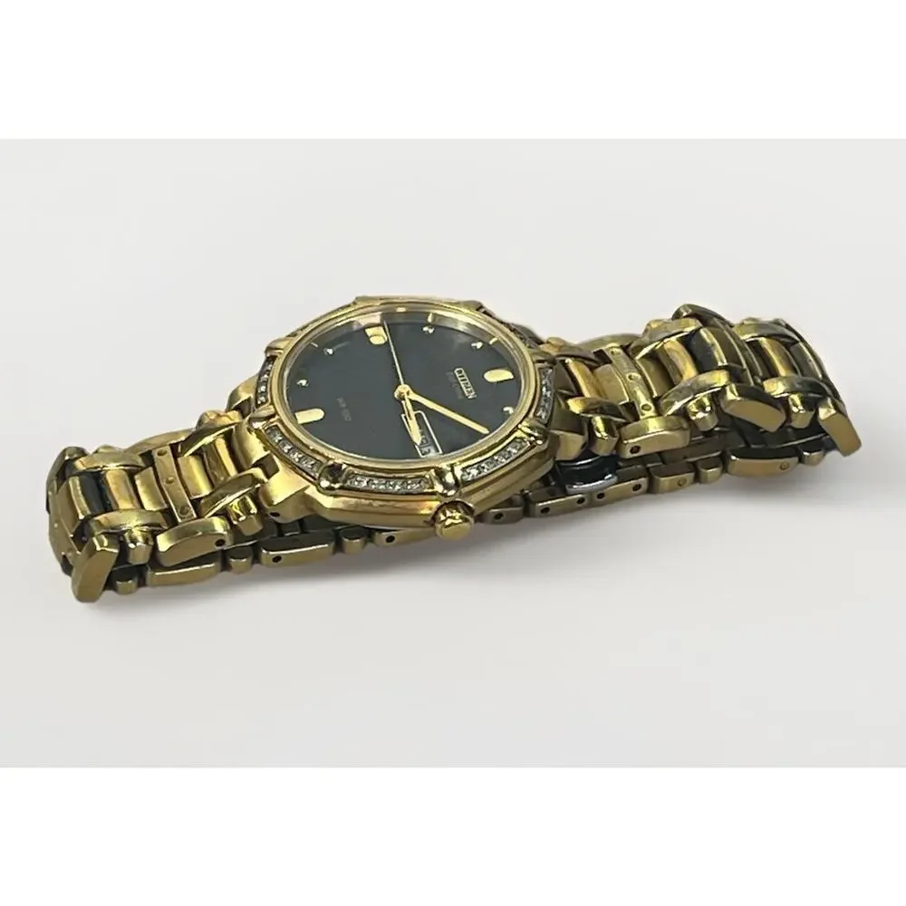 Citizen Eco-Drive Diamond Bezel Gold Tone Day Date Spanish WR100 Watch Works